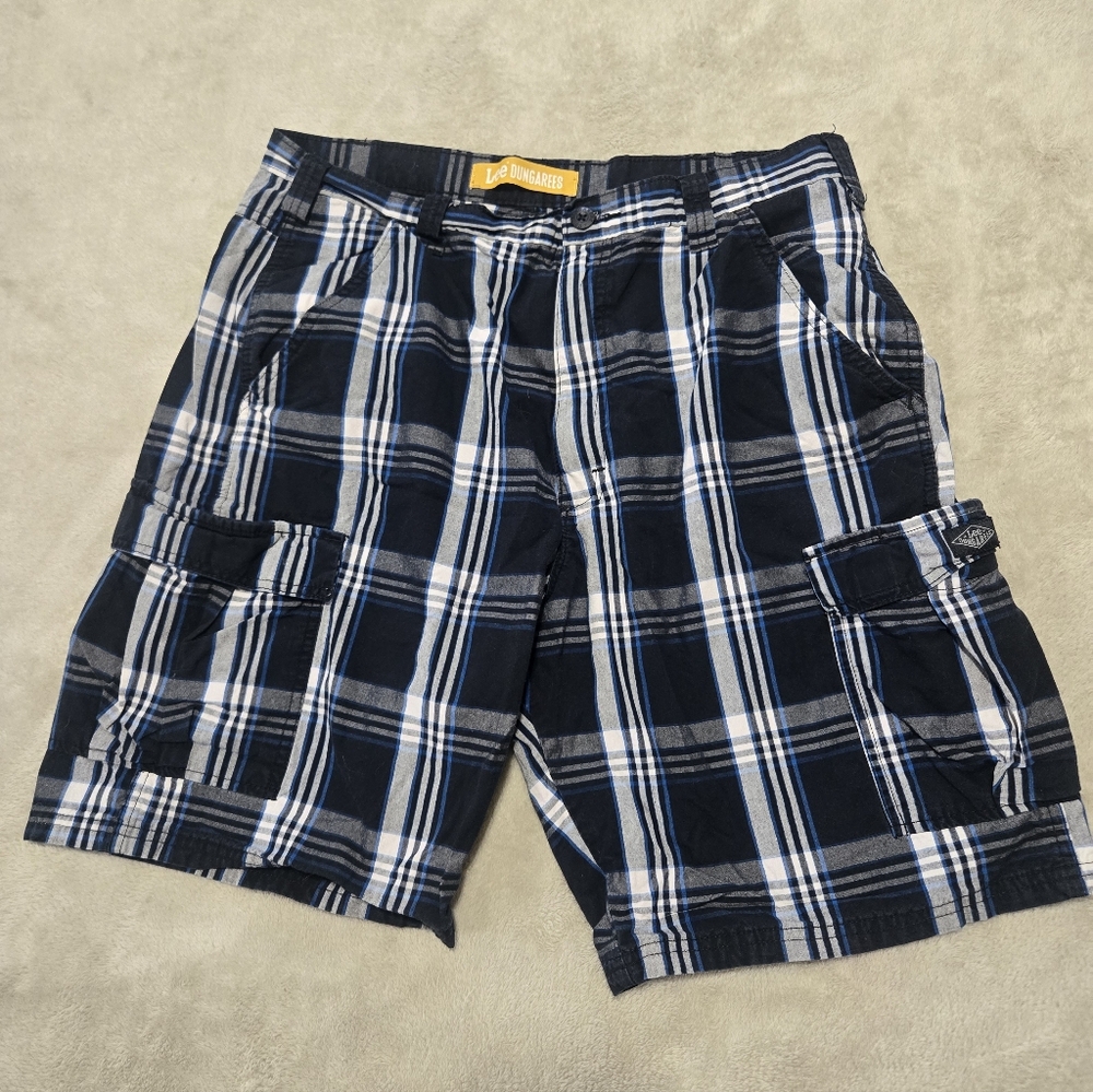 Lee Dungarees Blue Plaid Cargo Shorts Mens Sz 34 Streetwear Skater Hip Hop